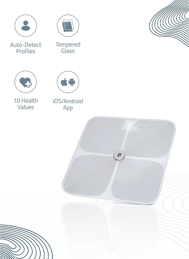 باورولوجي ميزان ذكي يعمل بتقنية الواي فاي، ميزان حمام رقمي مزود بمحلل تكوين الجسم، يقيس 10 مؤشرات صحية (الوزن، الدهون، العضلات، مؤشر كتلة الجسم، وغيرها)، مزامنة مع تطبيق الهاتف الذكي، خاصية الكشف التلقائي عن الملفات الشخصية - أبيض - Image 2