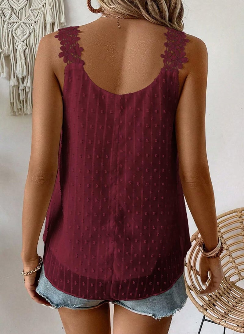Falechay Crochet Plus Size Tank Tops for Women Burgundy Summer Babydoll Swiss Dot Blouse Cute Chiffon Floral Fall Tunic Top Flowy Lace Boho Crew Neck Peplum Sleeveless Shirts Country L - Image 3