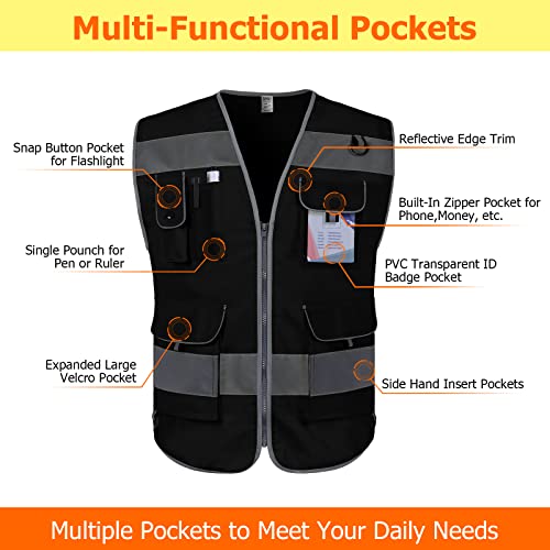 TCCFCCT Reflective Safety Vest, 9 Pockets High Visibility Vest for Men Women, Hi Vis Reflective Work Vest for Safety, Meets ANSI/ISEA Standards, (Black, XX-Large) - Image 3