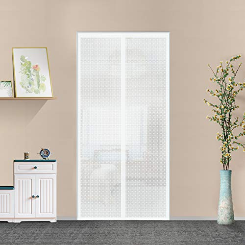 Sanjianker Insulated Curtain, Thermal Magnetic Self-Sealing EVA Screen Keep Cold Out, Auto Closer for Kitchen, Patio, Air Conditioner Room, Hands Free, Fits Doors up to 38" x 84", White - Image 1