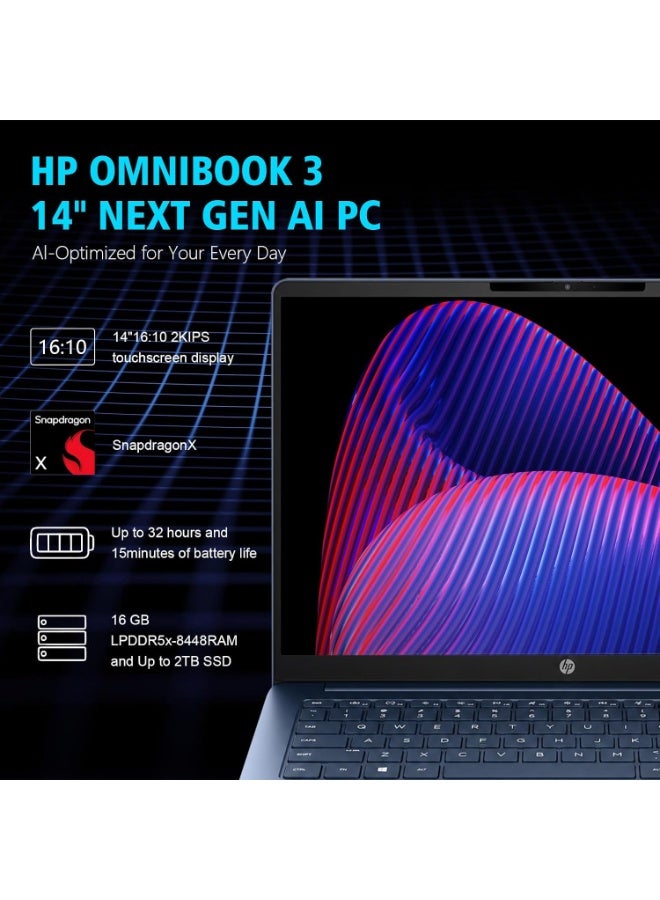 HP OmniBook 3 14-inch Next Gen AI PC Laptop with Snapdragon X X1-26-100, 16GB RAM, 2TB SSD, 2K Touchscreen, Windows 11 Pro, Starlit Blue English Starlit Blue - Image 2