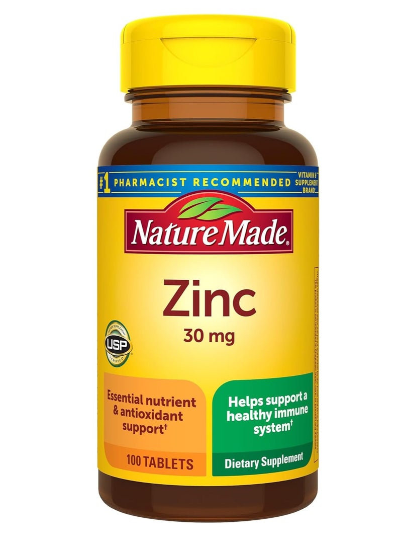 Nature Made Zinc 30 mg، مكمل غذائي لصحة المناعة ودعم مضادات الأكسدة، 100 قرص، 100 يوم