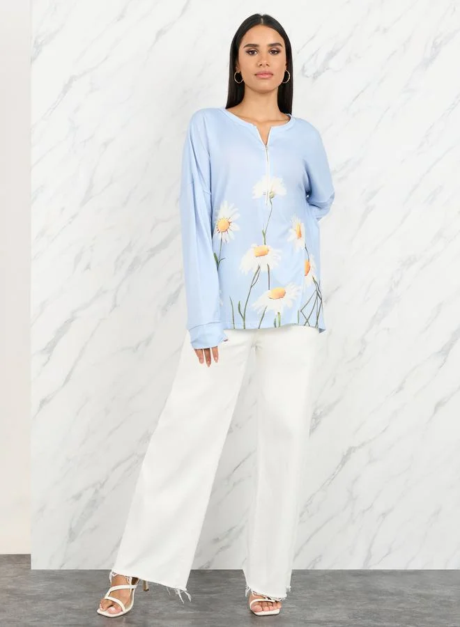 Take Two Floral Print Drop Shoulder Zip Closure Sweatshirt