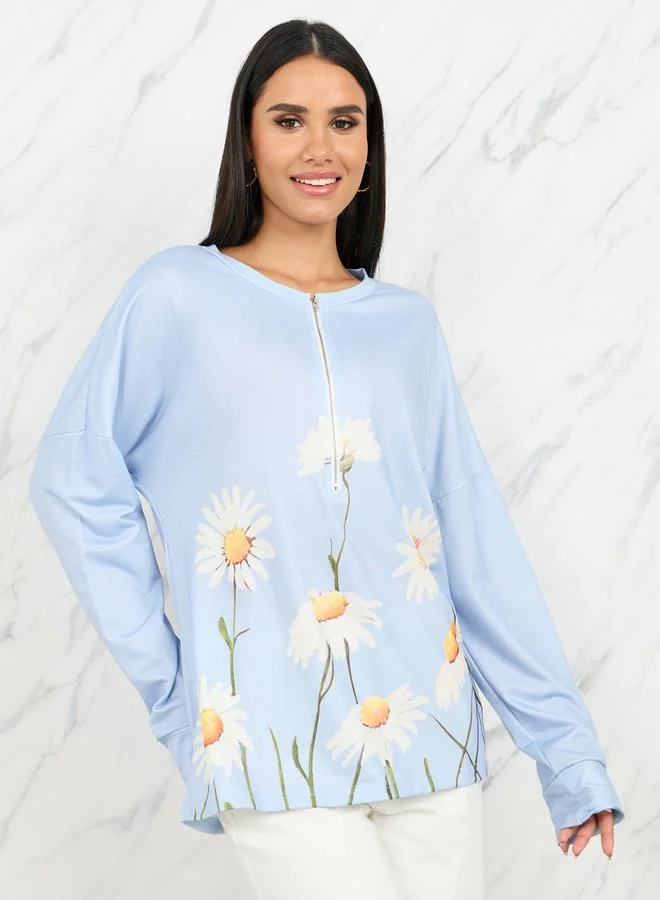 Take Two Floral Print Drop Shoulder Zip Closure Sweatshirt