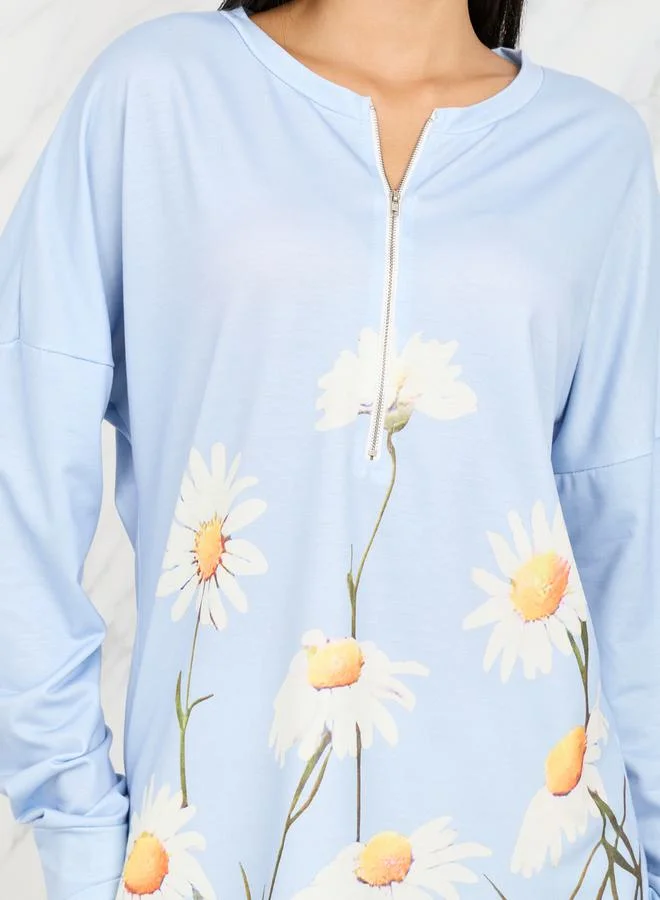 Take Two Floral Print Drop Shoulder Zip Closure Sweatshirt