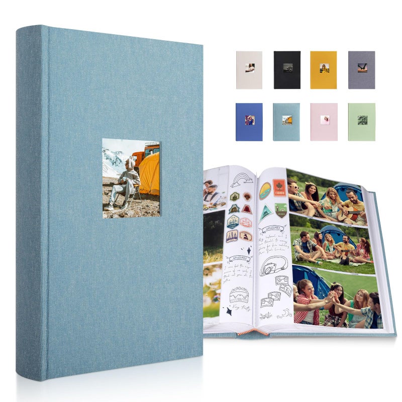 1DOT2 Luxury Fabric Photo Album 4x6 With Writing Space Acid Free Pockets Holds 300 Photos with Memo  3 Per Pages Photobook Album for Wedding Vacation Family Cyan Blue - Image 1