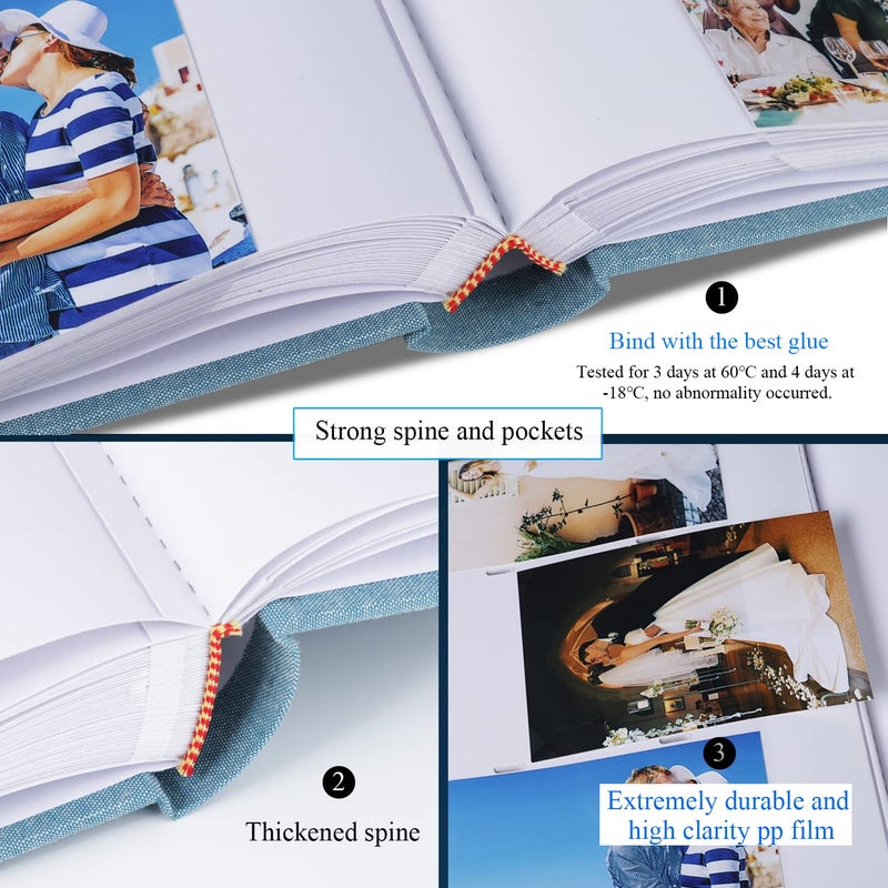 1DOT2 Luxury Fabric Photo Album 4x6 With Writing Space Acid Free Pockets Holds 300 Photos with Memo  3 Per Pages Photobook Album for Wedding Vacation Family Cyan Blue - Image 4