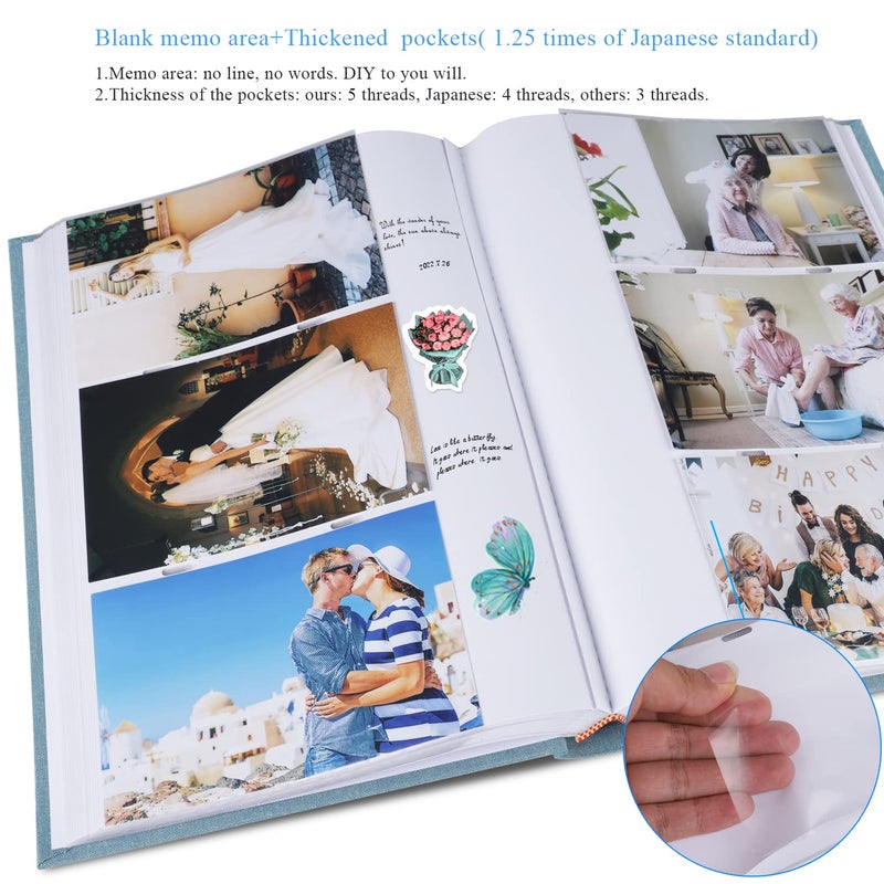 1DOT2 Luxury Fabric Photo Album 4x6 With Writing Space Acid Free Pockets Holds 300 Photos with Memo  3 Per Pages Photobook Album for Wedding Vacation Family Cyan Blue - Image 3