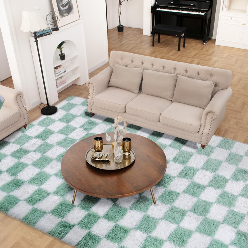 TOOHUB Super Soft Rug for Bedroom, 5x7 ft Sage Green and White Area Rug Classic Checkered Shaggy Anti-Skid High Pile Soft Fluffy Rug Fuzzy Carpet for Living Room Bedroom Kids Room Nursery, Dorm - Image 2