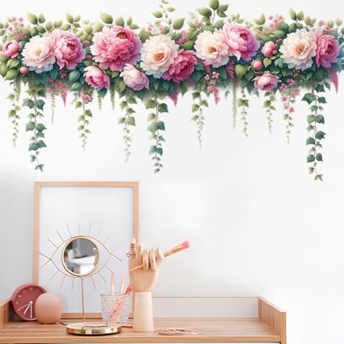 DRWSSR Removable DIY 3D Pink Peony Flower Wall Decals, Hanging Vine Vinyl Fresh Plant Green Leaves Art Decor for Girls Nursery Bedroom Living Room TV Background - Image 5