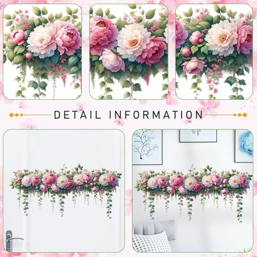 DRWSSR Removable DIY 3D Pink Peony Flower Wall Decals, Hanging Vine Vinyl Fresh Plant Green Leaves Art Decor for Girls Nursery Bedroom Living Room TV Background - Image 3
