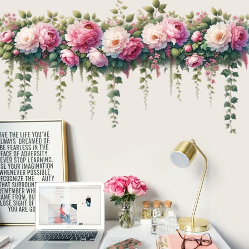 DRWSSR Removable DIY 3D Pink Peony Flower Wall Decals, Hanging Vine Vinyl Fresh Plant Green Leaves Art Decor for Girls Nursery Bedroom Living Room TV Background - Image 4