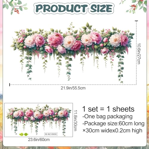 DRWSSR Removable DIY 3D Pink Peony Flower Wall Decals, Hanging Vine Vinyl Fresh Plant Green Leaves Art Decor for Girls Nursery Bedroom Living Room TV Background - Image 2
