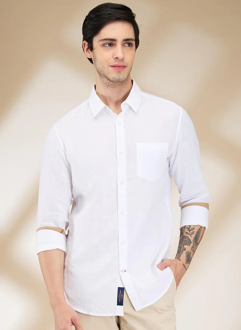 بيينغ هيومان Men Classic Spread Collar Solid Cotton Linen Casual Shirt
