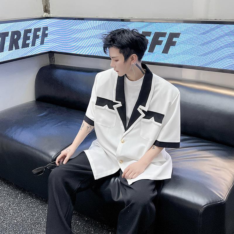 2023 Contrast Trim Blazer Collar Mens Casual Shirt White  - Image 1