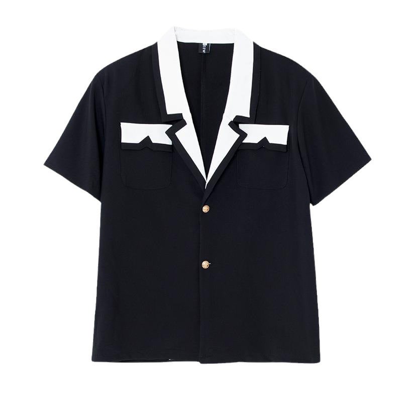 2023 Contrast Trim Blazer Collar Mens Casual Shirt White  - Image 3