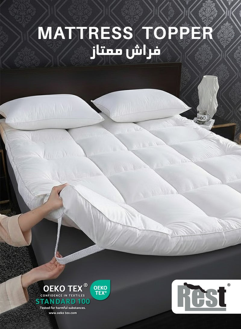 Rest Mattress Topper 120x200+5cm Thick 600GSM Filling and Plush Brushed Fabric with 4-Side Elastic Bands for Secure Fit White Extra Thick Bed Topper Fluffy Super Soft Topper - Image 1