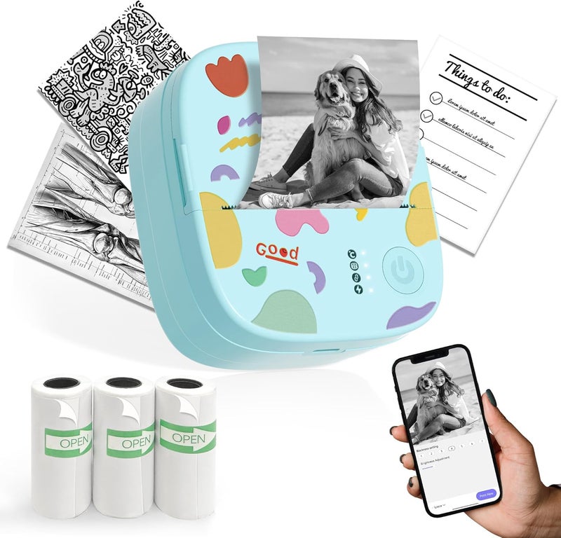 XenGro Printer Portable Thermal Sticker Maker, Mini Thermal Printer with 3 Rolls Paper, Bluetooth Inkless Print Pod, Pocket Label Maker Suitable for Creative DIY, Diaries, Photos, Study Notes (Blue) - Image 1