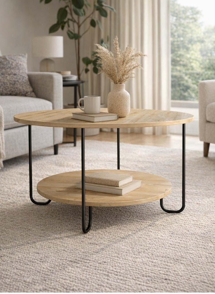 Mourah Home Corro Modern Round Coffee Table Centre Table For Living Room Office Industrial Sofe Table With Metal Legs Versatile Design| For Small Spaces Living Room Bedroom|45X80X80Cm | Oak- 2 Years Warranty - Image 1
