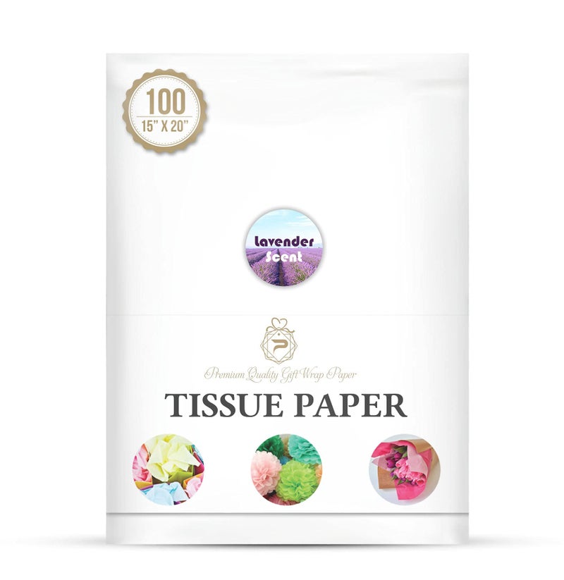 White Tissue Paper 100 Sheets 15 x 20 inch Recyclable Gift Wrap Paper for Weddings Birthdays Crafts DIY and Holiday Packaging Lavender Scent