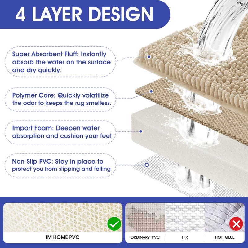 ACCUMTEK Striped Beige Bathroom Rug Set 3 Pieces Ultra Soft, Non Slip Chenille Toilet Mat, Absorbent Plush Shaggy Bath Mats for Bathroom, Bedroom, Kitchen - Image 3