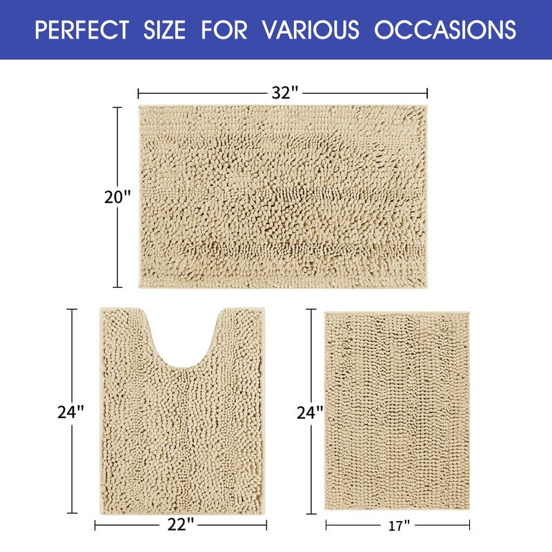 ACCUMTEK Striped Beige Bathroom Rug Set 3 Pieces Ultra Soft, Non Slip Chenille Toilet Mat, Absorbent Plush Shaggy Bath Mats for Bathroom, Bedroom, Kitchen - Image 5