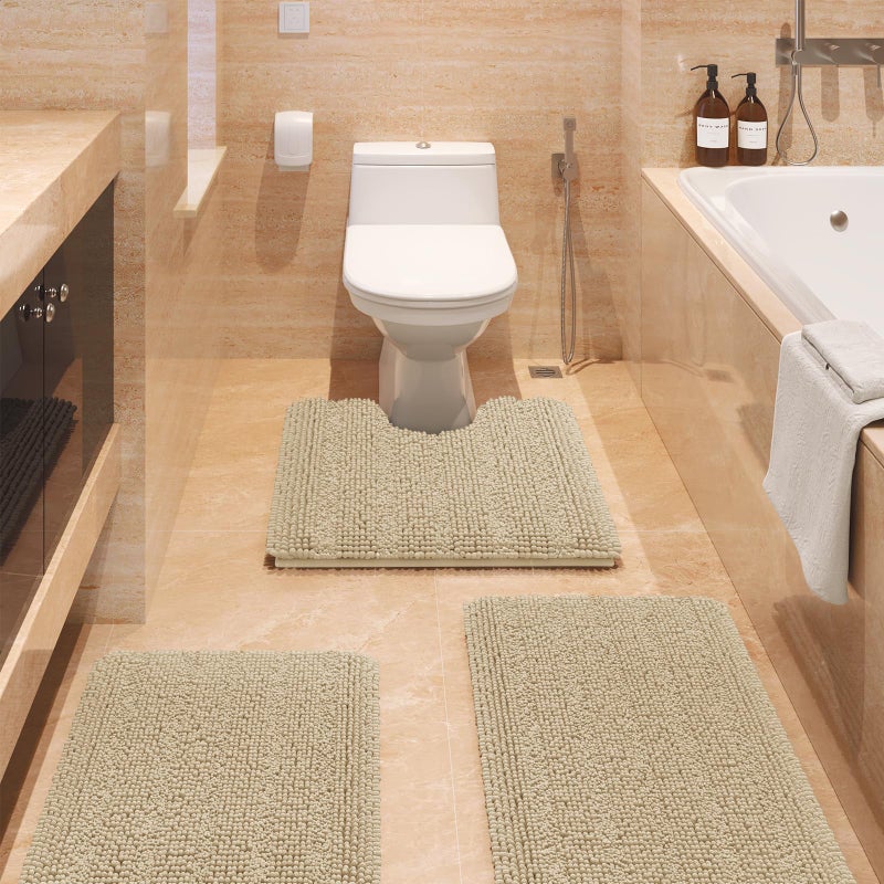 ACCUMTEK Striped Beige Bathroom Rug Set 3 Pieces Ultra Soft, Non Slip Chenille Toilet Mat, Absorbent Plush Shaggy Bath Mats for Bathroom, Bedroom, Kitchen - Image 1
