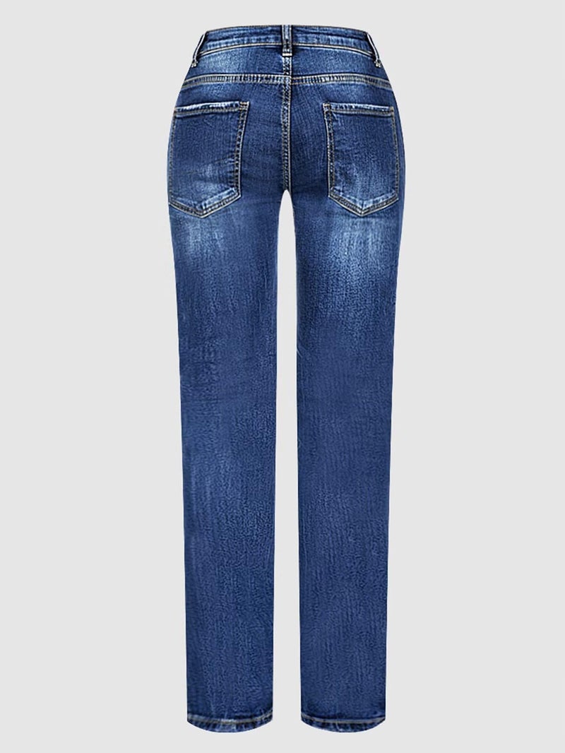 Flamingals Straight Leg Jeans for Women Mid Rise Ripped Wash Stretchy Curvy Fit Casual Denim Skinny Jeans Mid Blue XL - Image 5