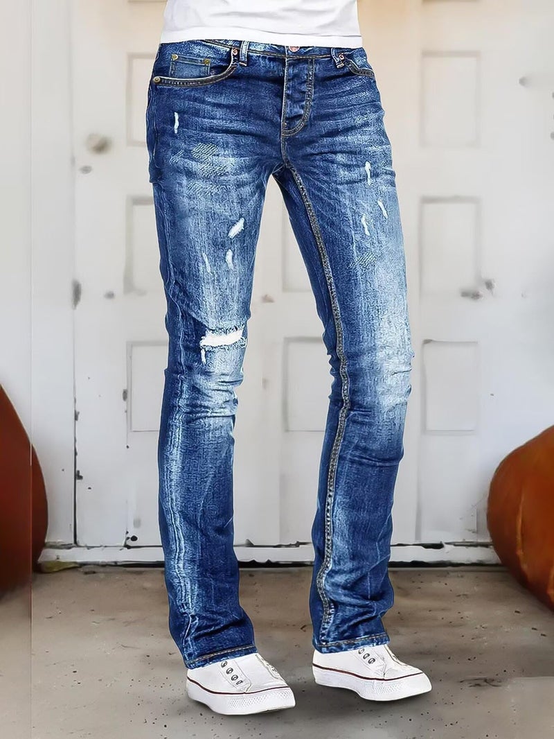 Flamingals Straight Leg Jeans for Women Mid Rise Ripped Wash Stretchy Curvy Fit Casual Denim Skinny Jeans Mid Blue XL - Image 2