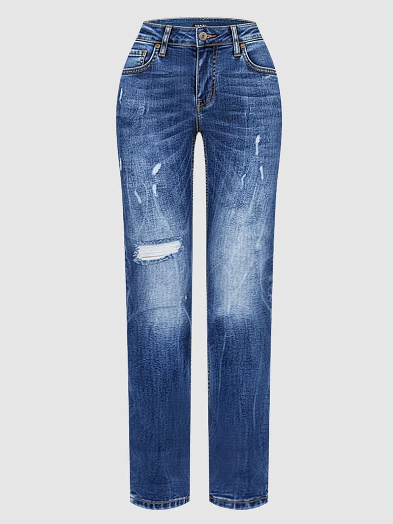 Flamingals Straight Leg Jeans for Women Mid Rise Ripped Wash Stretchy Curvy Fit Casual Denim Skinny Jeans Mid Blue XL - Image 4