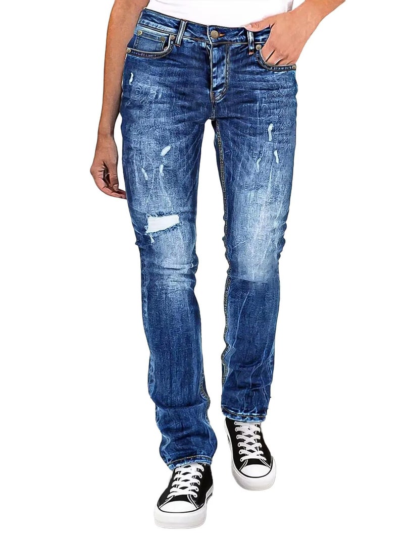 Flamingals Straight Leg Jeans for Women Mid Rise Ripped Wash Stretchy Curvy Fit Casual Denim Skinny Jeans Mid Blue XL - Image 1