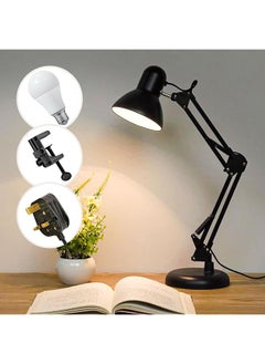 مصباح مكتب معدني بذراع متأرجح متعدد المفاصل وذراع قابل للتعديل ومصابيح طاولة LED مع قاعدة قابلة للتبديل أو مشبك للعمل والألعاب. مصباح مكتبي عادي بجسم أسود 1 لمبة قاعدة E27