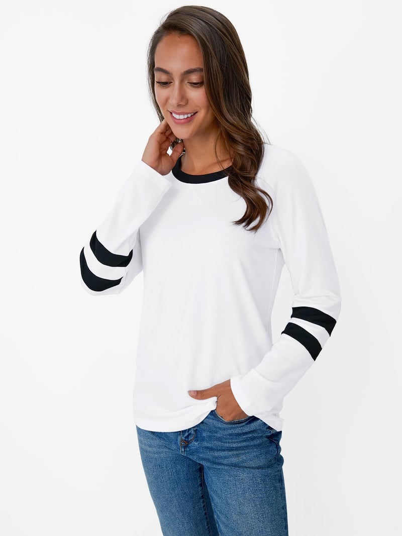 AUTOMET Womenâ€˜s Color Block Long Sleeve Shirts Crewneck, Plus Size Winter & Spring Top, Casual Fall Tee Daily Outfits White 2XL - Image 3