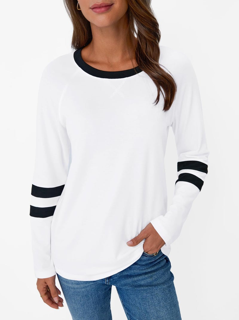 AUTOMET Womenâ€˜s Color Block Long Sleeve Shirts Crewneck, Plus Size Winter & Spring Top, Casual Fall Tee Daily Outfits White 2XL - Image 2