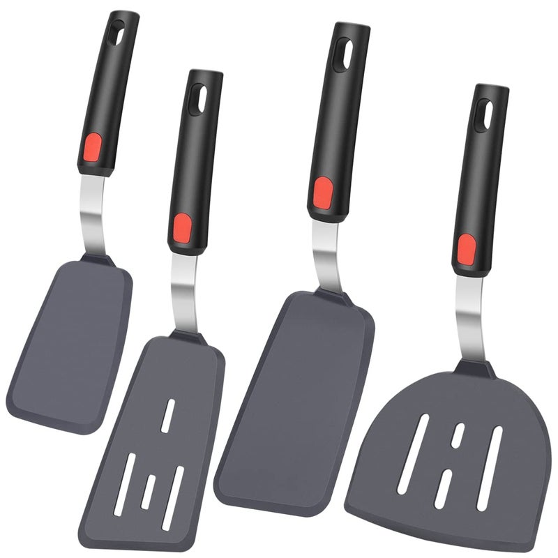KLAQQED 4Pcs Spatula Silicone Heat Resistant Flexible Rubber Silicone Spatulas for Nonstick Cookware Burger Pancake Spatula Turner Large Silicone Spatulas Set for Cooking Kitchen Utensils Set Black