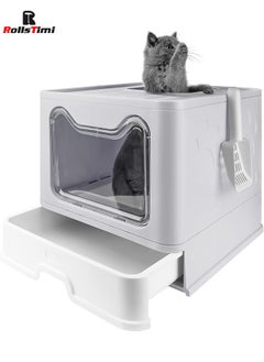 Foldable Cat Litter Box with Lid, Extra Large with Scoop, Drawer Type Cat Litter Pan,Grey