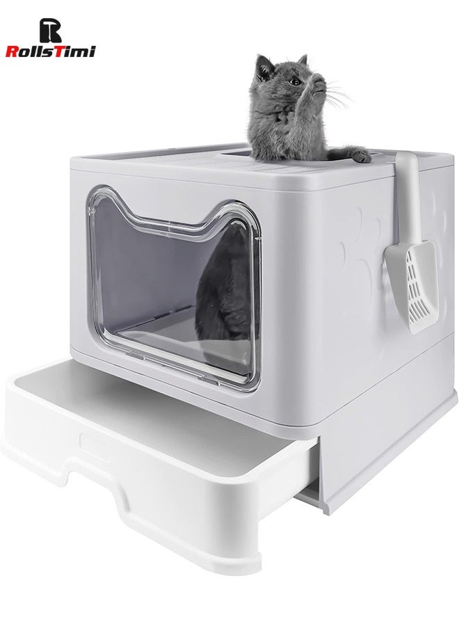 RollsTimi  - Foldable Cat Litter Box with Lid, Extra Large with Scoop, Drawer Type Cat Litter Pan,Grey - Image 1