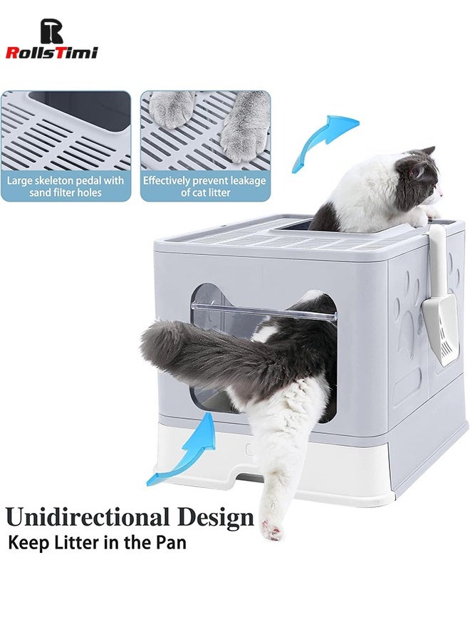 RollsTimi  - Foldable Cat Litter Box with Lid, Extra Large with Scoop, Drawer Type Cat Litter Pan,Grey - Image 1