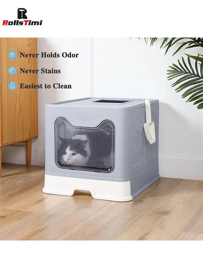 RollsTimi  - Foldable Cat Litter Box with Lid, Extra Large with Scoop, Drawer Type Cat Litter Pan,Grey - Image 1