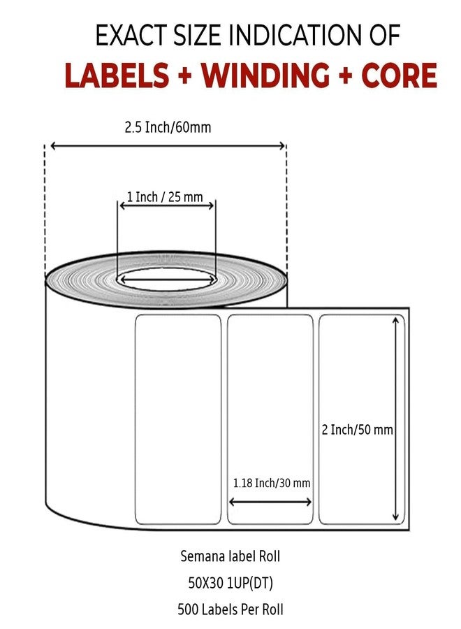 Semana Direct Thermal Barcode Label 50x30 mm,2X1.18 inches,1Up,500 Labels per Roll; Self Adhesive Paper Label Designed for Small Thermal Printers; (Pack of 24 Rolls (12000 Labels)) - Image 2