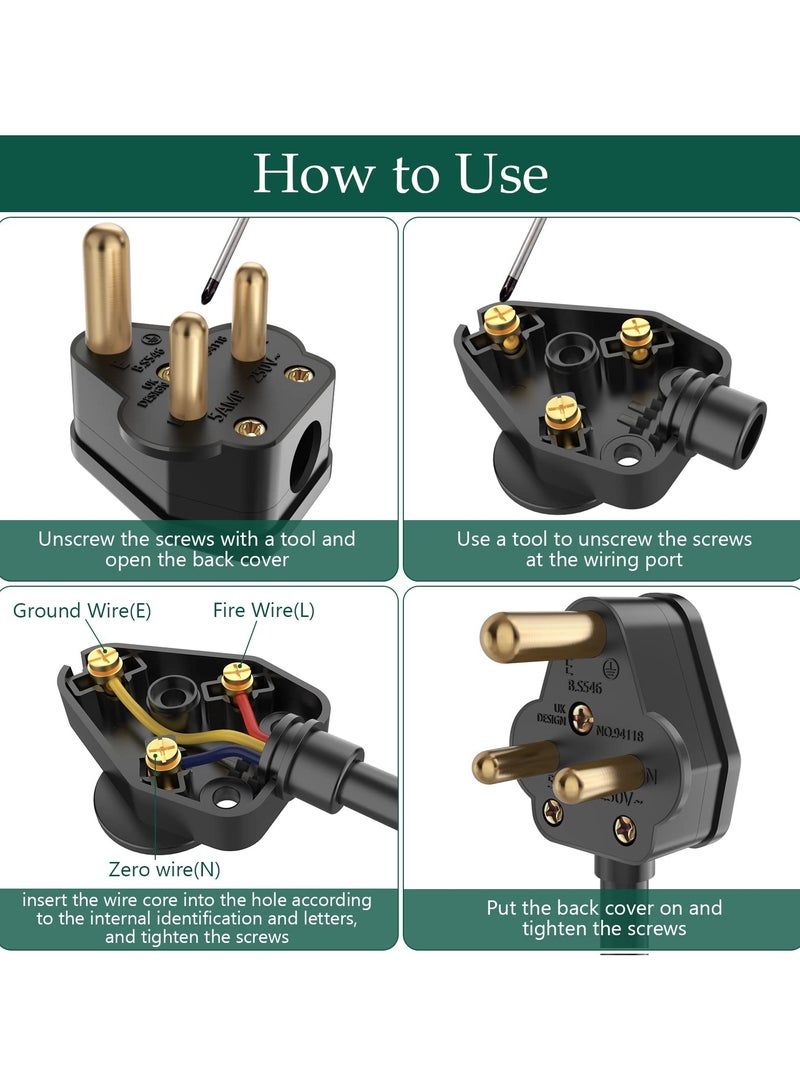 Barakah 4 قطع من قابس الطاقة 3 دبابيس، نوع-D قابس دائري، 5A 250V معيار المملكة المتحدة، قابس طاقة منزلي صغير للإضاءة والمصباح (أسود) - Image 4