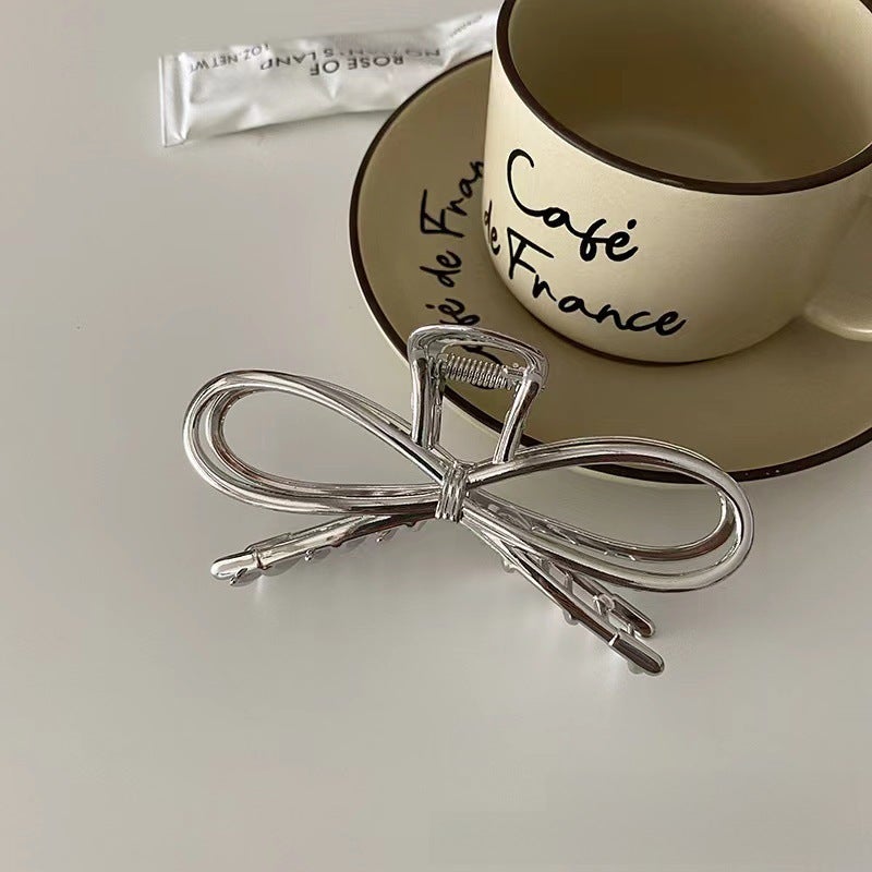 Elegant Metal erfly Hair Clip for Women silver large bow tie