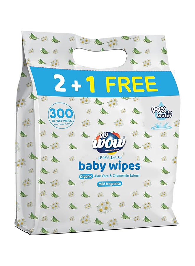 WOW Baby Wipes - Mild Fragrance 99% Water Wipes | Extra Thick Long Wipes with Organic Aloe Vera, Chamomile Extract and Vitamin E, Gentle on sensitive skin| 100's (2 + 1) value pack | 300 wipes