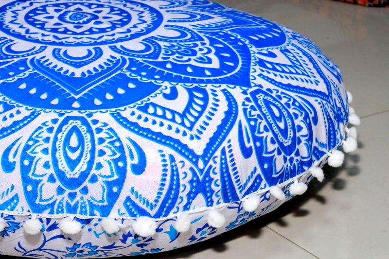 CRAFT KALA كرافت كالا 22 بوصة وسادة أرضية ماندالا للتأمل، وسادة مستديرة، غطاء وسادة أرضية قطنية بوهيمية ماندالا، جلوس خارجي بجانب المدفأة، غرفة المعيشة، غرفة اليوغا، ديكور المنزل (زهرة زرقاء) - Image 5