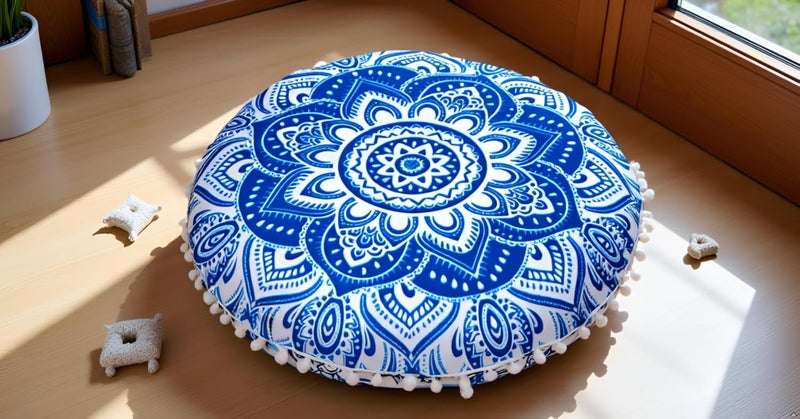 CRAFT KALA كرافت كالا 22 بوصة وسادة أرضية ماندالا للتأمل، وسادة مستديرة، غطاء وسادة أرضية قطنية بوهيمية ماندالا، جلوس خارجي بجانب المدفأة، غرفة المعيشة، غرفة اليوغا، ديكور المنزل (زهرة زرقاء) - Image 3