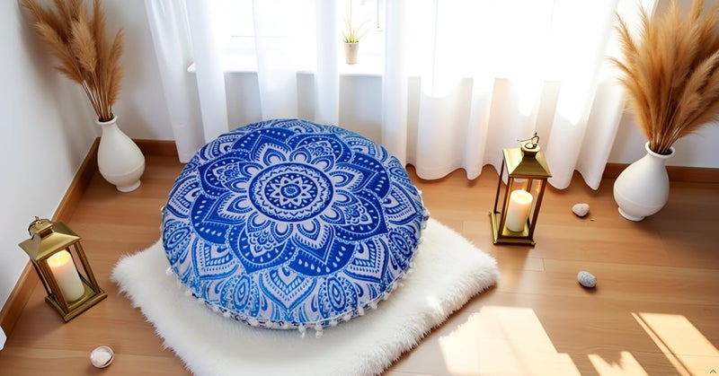 CRAFT KALA كرافت كالا 22 بوصة وسادة أرضية ماندالا للتأمل، وسادة مستديرة، غطاء وسادة أرضية قطنية بوهيمية ماندالا، جلوس خارجي بجانب المدفأة، غرفة المعيشة، غرفة اليوغا، ديكور المنزل (زهرة زرقاء) - Image 4