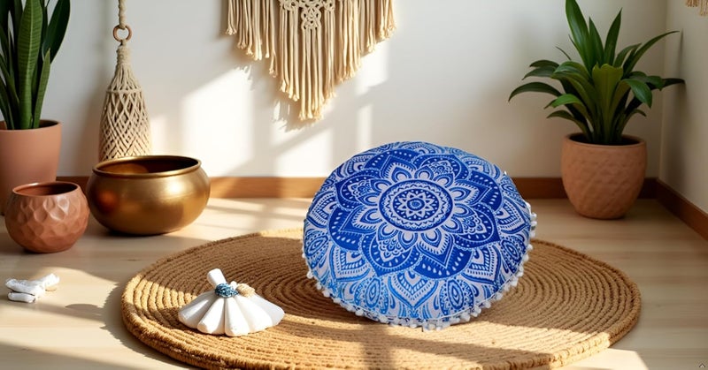 CRAFT KALA كرافت كالا 22 بوصة وسادة أرضية ماندالا للتأمل، وسادة مستديرة، غطاء وسادة أرضية قطنية بوهيمية ماندالا، جلوس خارجي بجانب المدفأة، غرفة المعيشة، غرفة اليوغا، ديكور المنزل (زهرة زرقاء) - Image 2