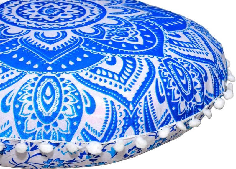 CRAFT KALA كرافت كالا 22 بوصة وسادة أرضية ماندالا للتأمل، وسادة مستديرة، غطاء وسادة أرضية قطنية بوهيمية ماندالا، جلوس خارجي بجانب المدفأة، غرفة المعيشة، غرفة اليوغا، ديكور المنزل (زهرة زرقاء) - Image 1