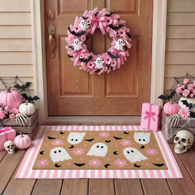 Tinideya 2 Pcs Door Mat Welcome Non Slip Coir Mats Floor Layering Doormats Seasonal for Front Porch Entryway DecorFlower Ghost - Image 2