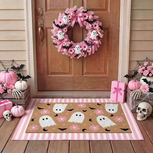 Tinideya 2 Pcs Door Mat Welcome Non Slip Coir Mats Floor Layering Doormats Seasonal for Front Porch Entryway DecorFlower Ghost - Image 1